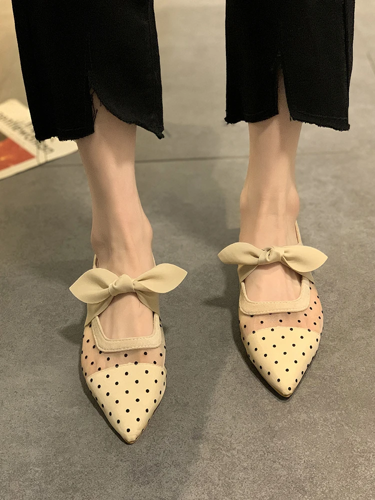 

Shallow Mouth Spring Shoes Luxury Sandals 2021 Summer Women's Heels Suit Female Beige Fashion Girls Low Black Bow Pointed Close