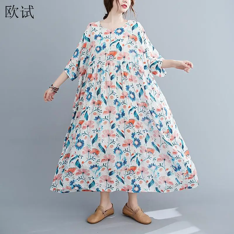 Летнее хлопковое длинное платье большого размера с цветочным рисунком женские