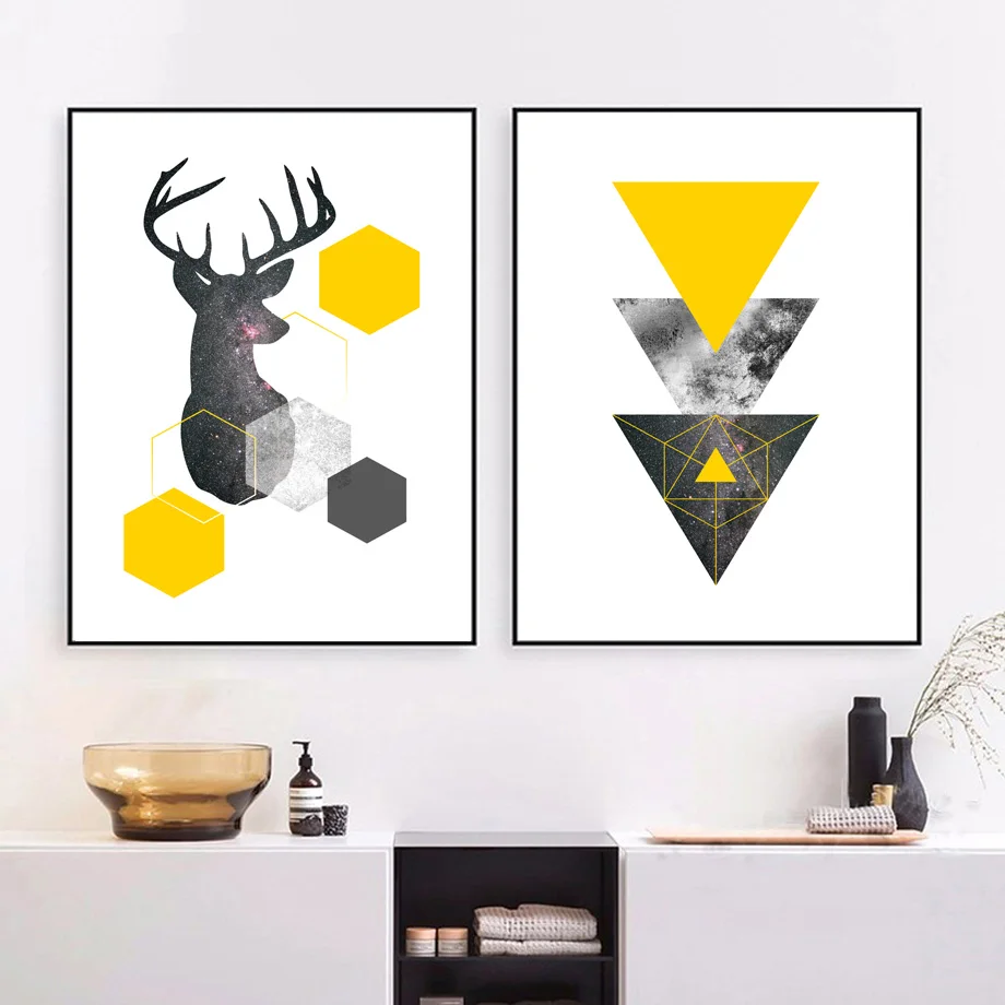 Олень море Звездная Wall Art Холст Картины желтый геометрический Nordic Плакаты и