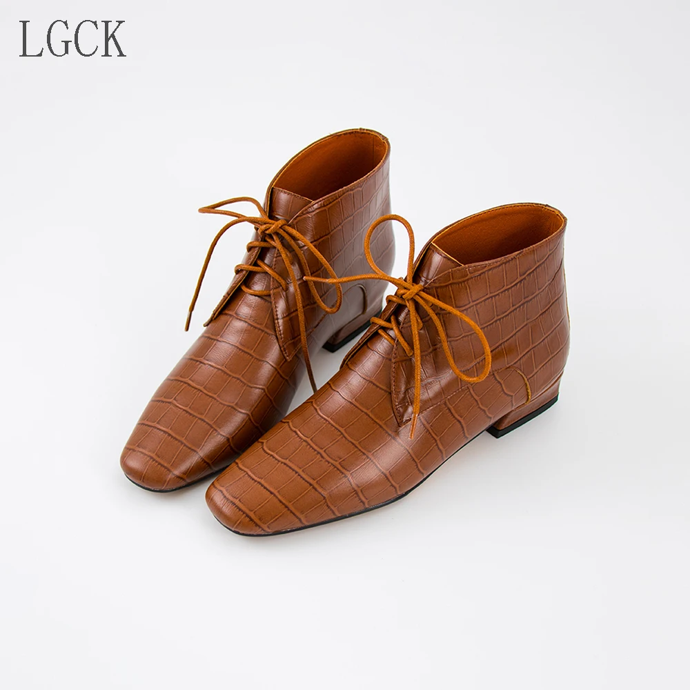 Murah Ukuran 34-43 Kulit Asli Wanita Sepatu Renda-Up Fashion Sepatu Kasual Timbul Kulit Rendah Sepatu Hak Tinggi ANKLE BOOT Zapatos Mujer