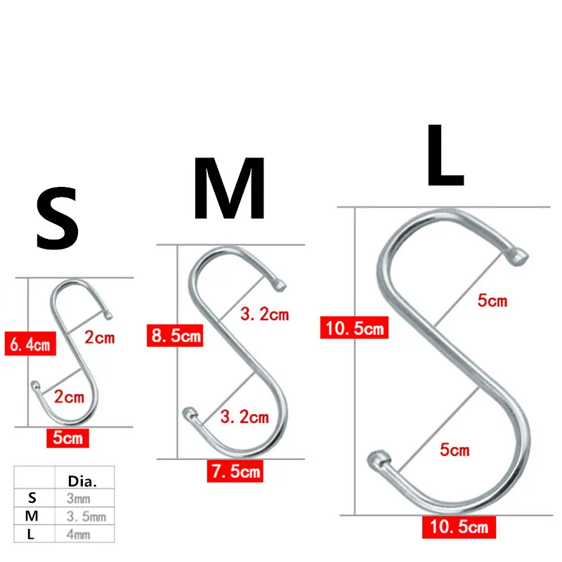 

M Size,Wholesale Stainless Steel Round S Shaped Hooks House Kitchen Pot Pan Hanger Clothes Storage Rack Tool,100Pcs
