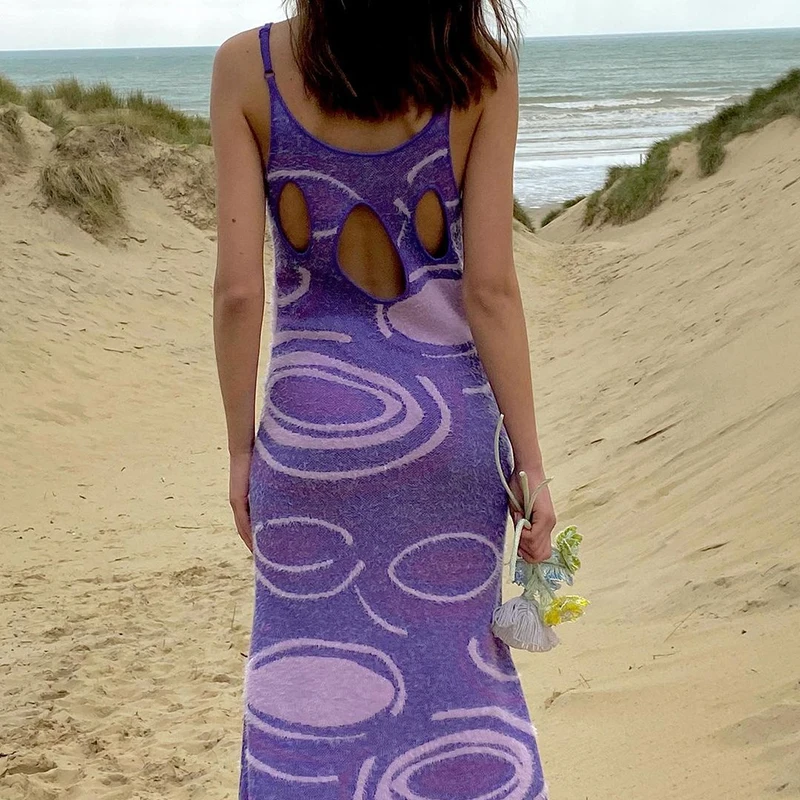 

Paisley Print Y2K Knit Dress Women Summer Hollow Out Backless Sexy Sleeveless Spaghetti Strap Beach Midi Dresses Party Holdiay