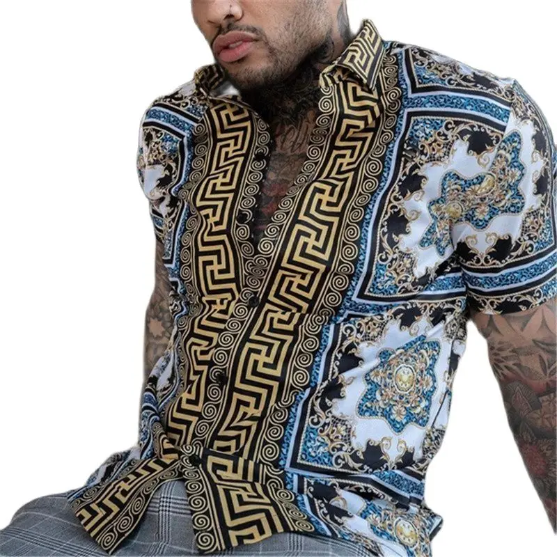

Men's Clothing European American Retro Trend Shirt Cardigan Men's Short Sleeve Shirt Single-Breasted Shirt With Lapel Collar