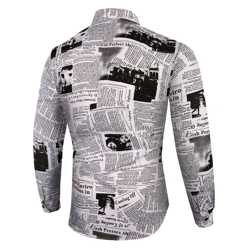 

New Arrival Casual Business Plaid Shirts Men clothing Vintage Newspaper Print Long Sleeve Camisa Social Mens Floral Shirts M-3XL