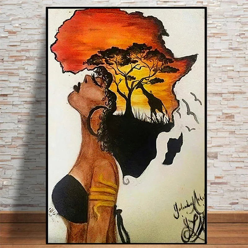 

Abstract Classical African Woman Sunset Landscape Canvas Painting Posters and Prints Wall Art Pictures for Home Cuadros Decor