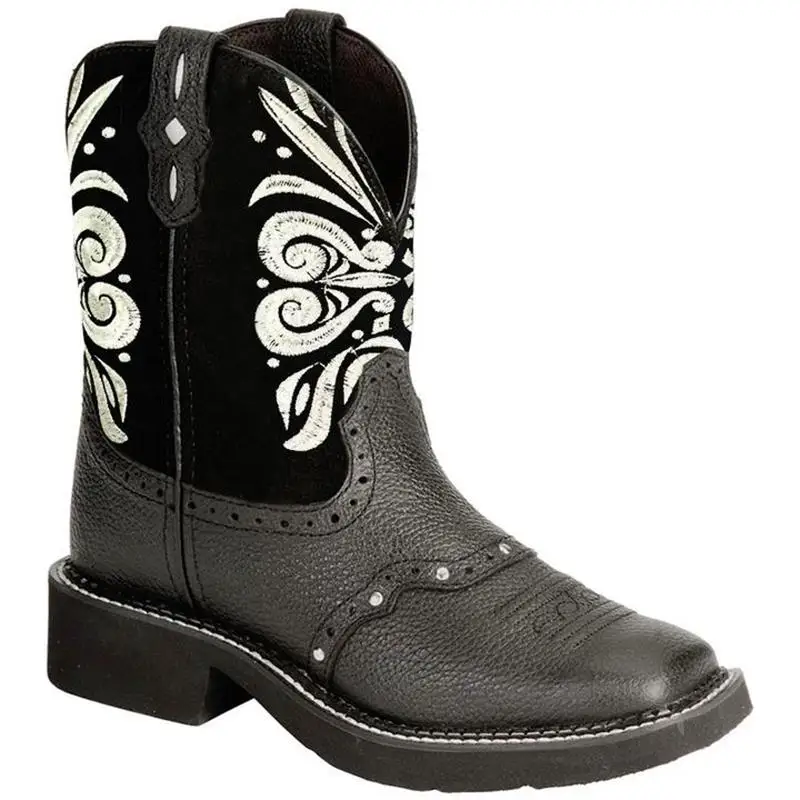 

2021 New Women Shoes Handmade Black PU Stitching Imitation Suede Totem Personalized Embroidery Fashion Western Boots 7KG555
