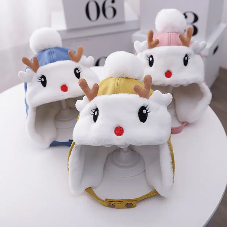 

Детские Пуховые шапки, для мальчиков и девочек, на осень и зиму, с ушками, с изображением оленя из мультфильма