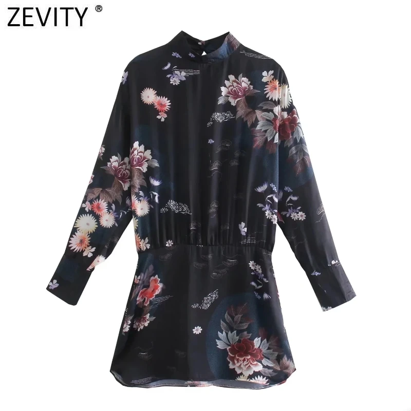 

Zevity Women Vintage Stand Collar Floral Print Black Satin Mini Dress Female Chic Long Sleeve Side Zipper Casual Vestidos DS9099