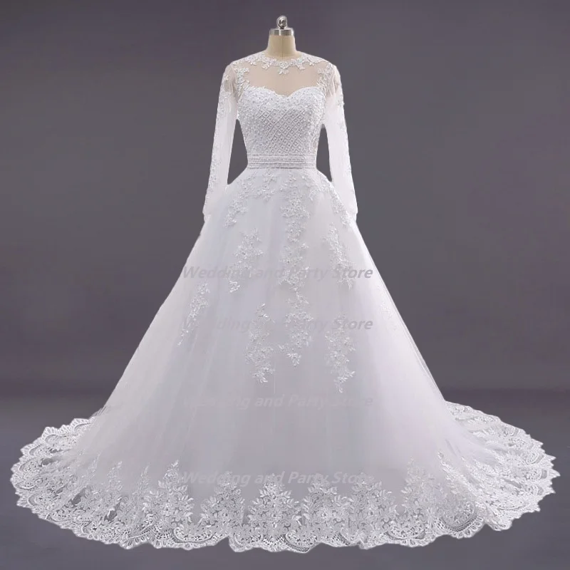 

Vestidos de Noiva бальное платье из тюля Свадебные платья размера плюс с круглым вырезом Длинные рукава; Кружевное платье принцессы; Robe De Mariage сваде...