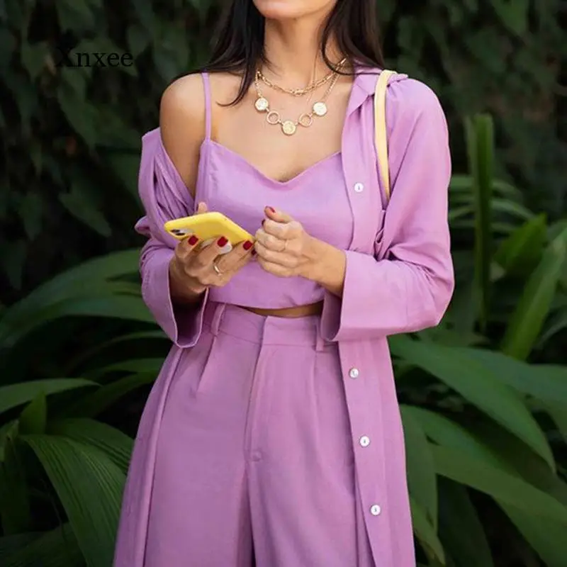 

High Waist Pant Sleeveless Vest Coat 3 Piece Suit 2021 Autumn New Women Set Singble Breasted Long Trench Casual Outfits Clothing