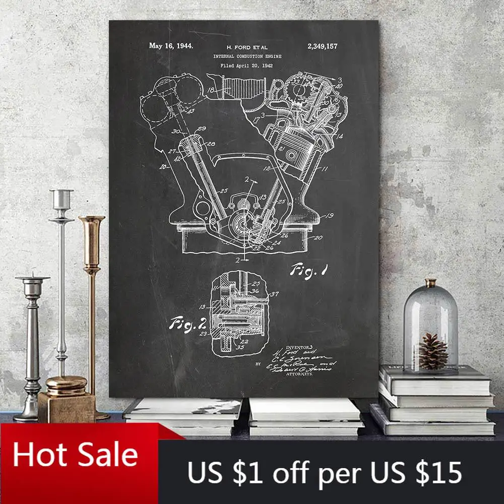 Абстрактная Картина на холсте винтажная печать двигателя патентный