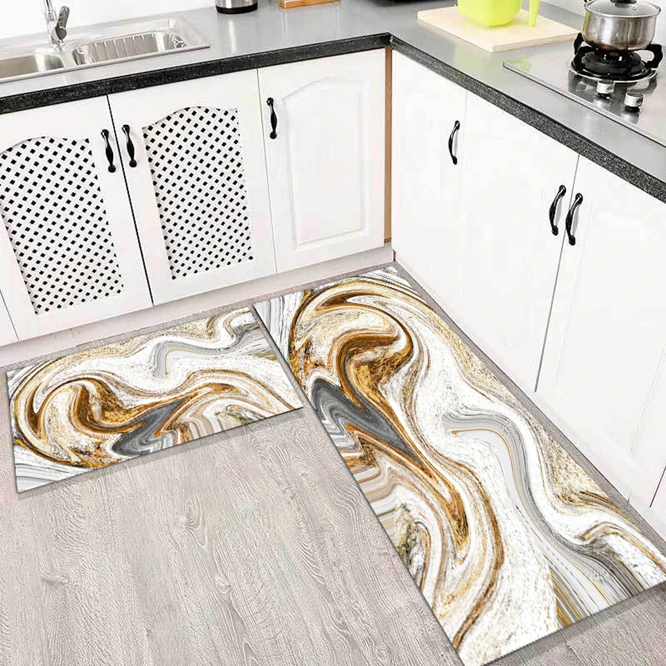 

Abstract Marble Kitchen Floor Mat Modern Nordic Golden Black Luxury Carpet Rug Bedroom Mat Room Decorations Anti-Slip Doormat