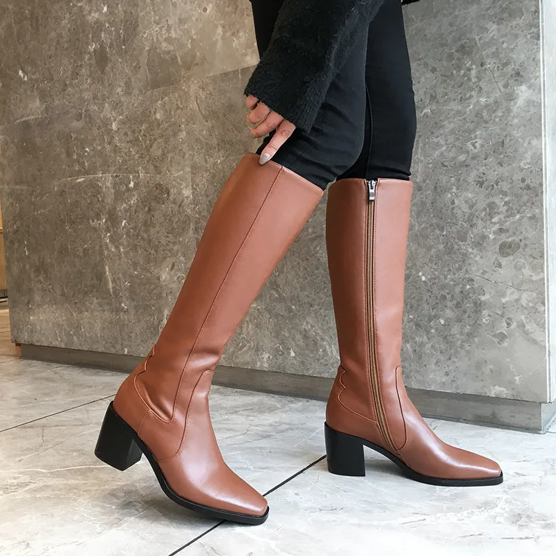 MoonMeek/модные ботинки из натуральной кожи женские сапоги до колена с квадратным