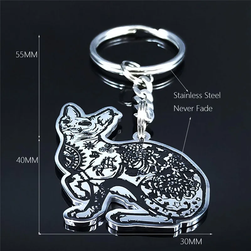 

2021 Fashion Canadian Hairless Stainless Steel Keychains for Women/Men Silver Color Key Chains Jewelry llavero gato N4081S02