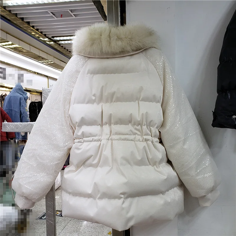 Женская хлопковая куртка с меховым воротником Офисная Белая теплая в Корейском