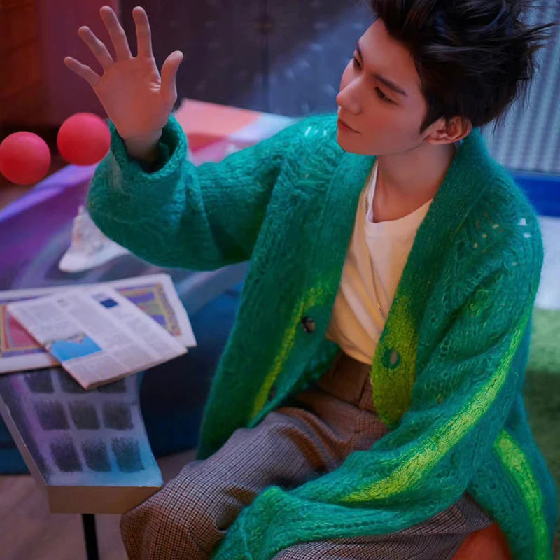 Повседневный свободный зеленый женский свитер XIZIHUPAN прямой кардиган с V-образным