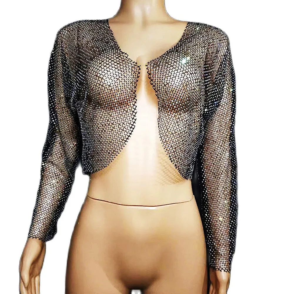 

Fashion Women Short Jacket Shining Inlaid Rhinestone Black Personality Gauze Mesh Short Coat Perspective Ladies Stage Wear