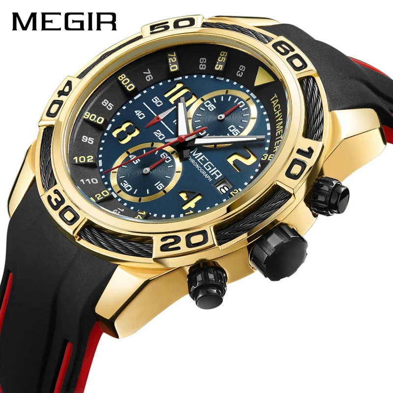Мужские часы с силиконовым ремешком MEGIR спортивные водонепроницаемые кварцевые
