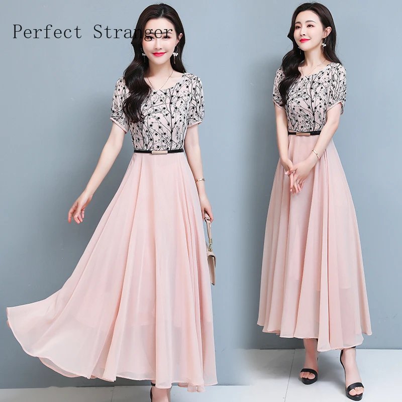 

2021 Summer New Arrival Plus Size M-3XL High Quality Round Collar Flower Lace Women Chiffon Dress Long Dress With Belt