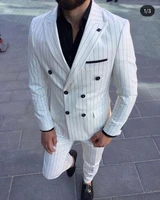 2021 brand double breasted white striped mens suits groom wedding suit 2 pieces formal male blazer business tuxedo jacket pants