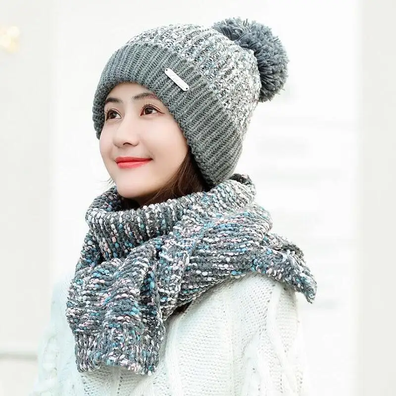 Лидер продаж комплект из 2 предметов женская зимняя шапка и шарф теплые шарфы