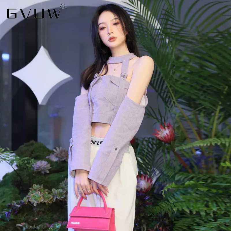 

GVUW Purple Design Shirt Jacket Female Spring Autumn Small Light Mature Halter Neck Niche Korean Style Chic Top Trend KB91114