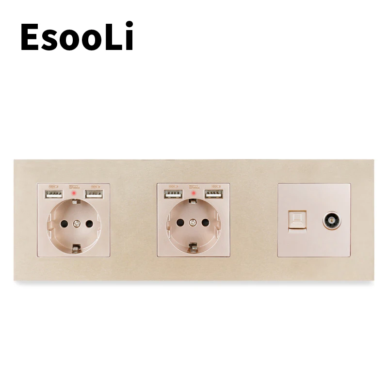 

Jim DuDu Gold Plastic Panel Dual EU Standard Electric Socket with 4 USB Charging Port Female TV Jack+Internet Computer Data RJ45