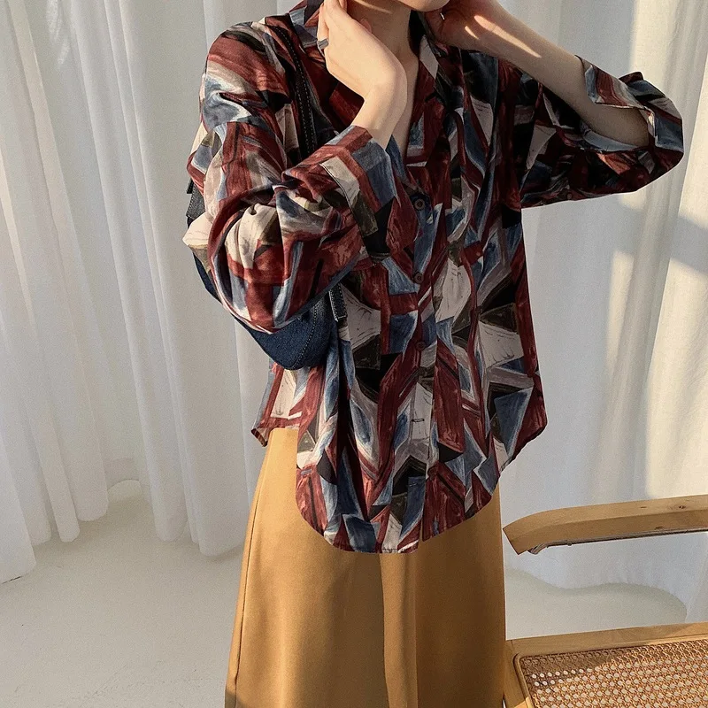 

Mazefeng 2020 New Vintage Loose Print Shirts Women Single-breasted Women Tops and Blouses Geometric Female Blusas Mujer De Moda
