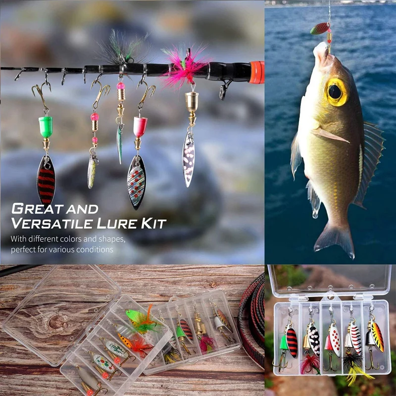 SEWS-Fishing Lures Spinner Bait Fishing Spoon Set Hard Metal Baits Kit with Tackle Box | Спорт и развлечения