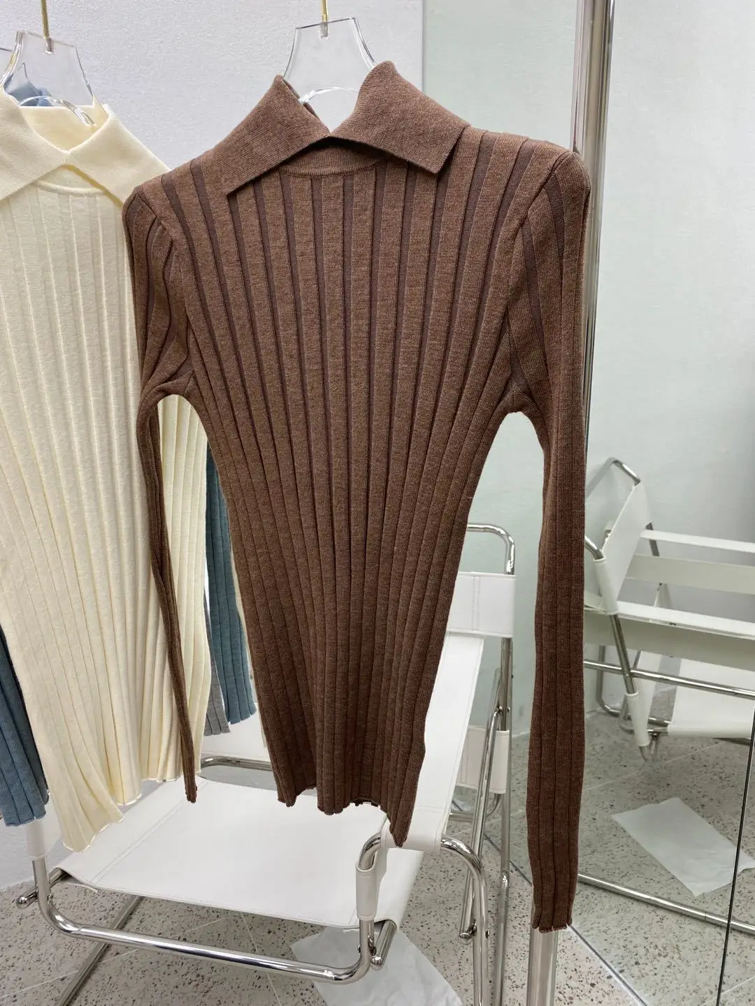 

2021 Autumn and Winter Long-sleeved Lapel Vertical Striped Knitted Pullover Casual Versatile Slimming Base Sweater