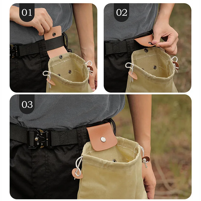 

Canvas Waist Bag Foraging Pouch with Leather Cover Foldable Heavy Duty Drawstring Tool Pocket for Outdoor Camping