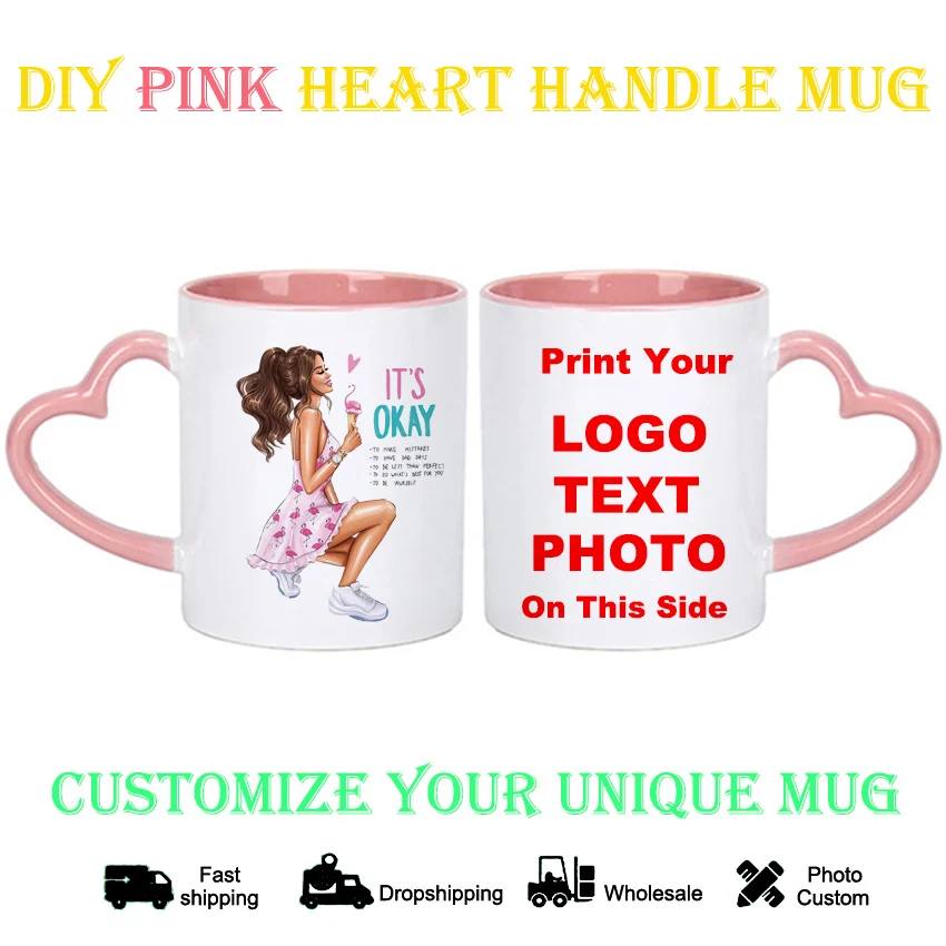 

Керамические кружки "сделай сам", розовые, чашка в форме сердца, с изображением красоты, чашка для кофе, молока, подарок, печатные фотографии, ...