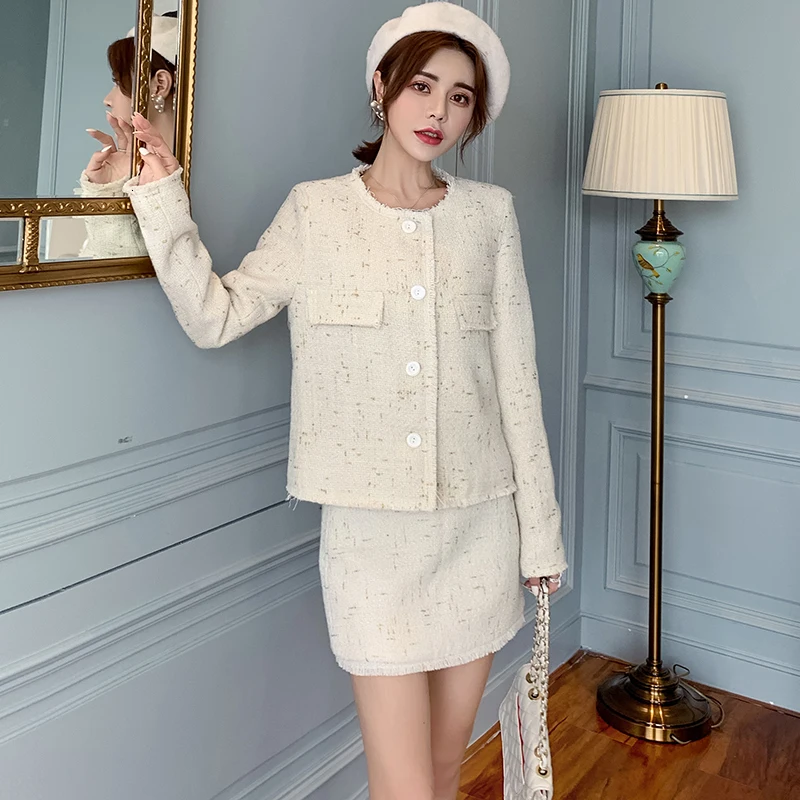 2019 новые комплекты из твида в Корейском стиле женские юбочные костюмы осенний