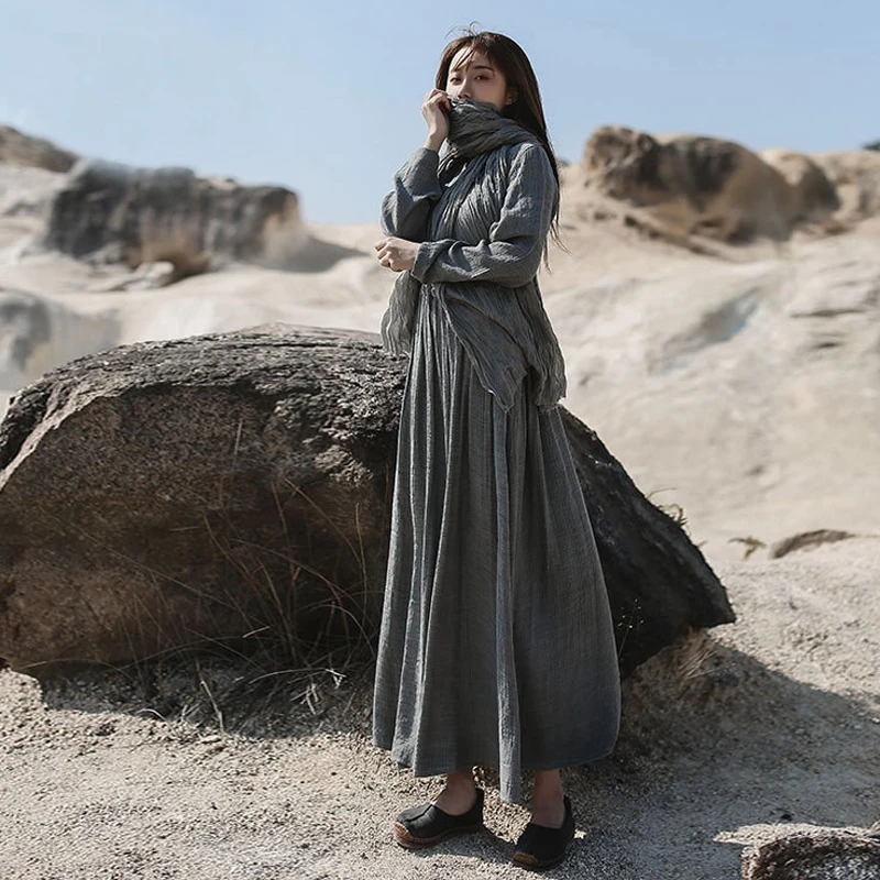 Женское винтажное платье с высокой талией Johnature однотонные халаты V образным