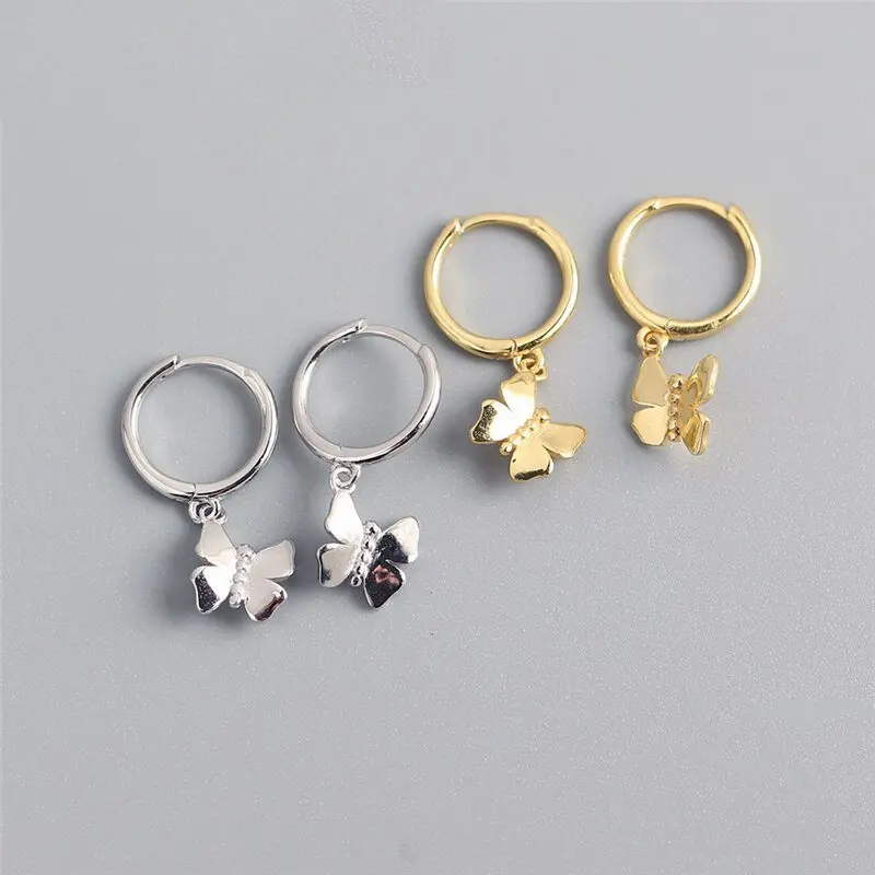 

A00478 Fashion Real 925 Sterling Silver Butterfly Hanging Stud Earrings for Women Punk Hip Hop Insect Earring Jewelry