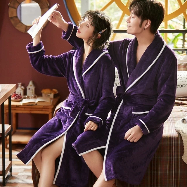 Couple Bathrobe Flannel Winter Warm Women's Kimono Robe with Sashes Fleece Long Sleeve Sleepwear Dressing Gown for Female 2023