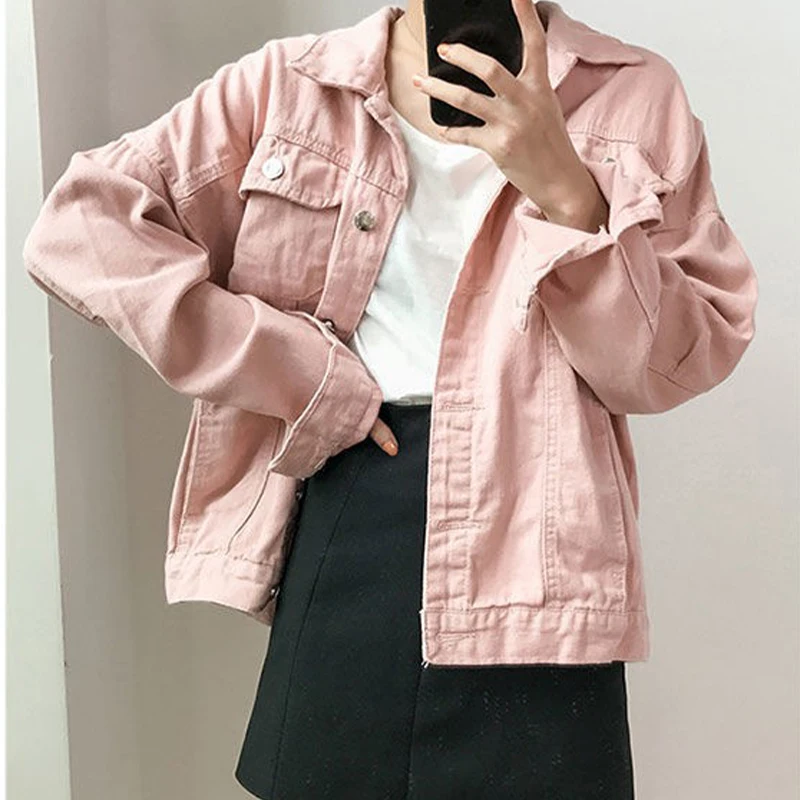 

2021 denim jacket female spring and autumn casual loose fashion solid color lapel regular sleeve jacket top