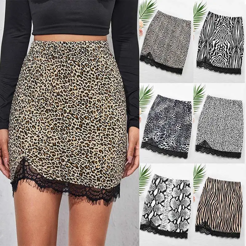 

Leopard Print Lace Patchwork Women Mini Skirts High Waist Irregular Bodycon Female Skirt 2021 Streetwear Sexy Casual Lady Bottom