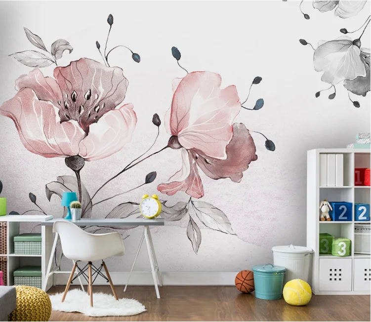 

Nordic Watercolor Flower Wallpaper Cloth Papers Wall Painting Large Photo Contact Wall Paper HD Printed Pink Floral Mural