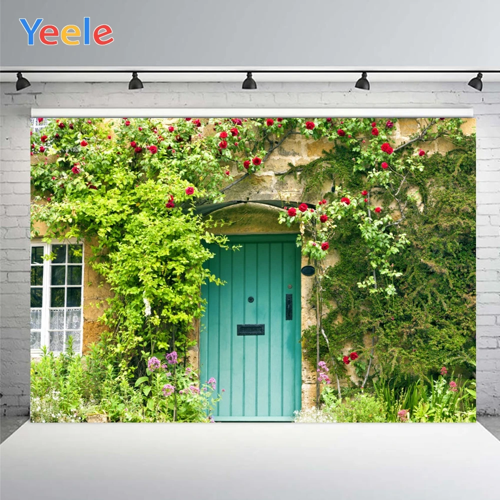 Yeele Stone House Green Leaves Red Flowers Light Blue Door Landscape Background Photophone Photography for Decor Customized Size |