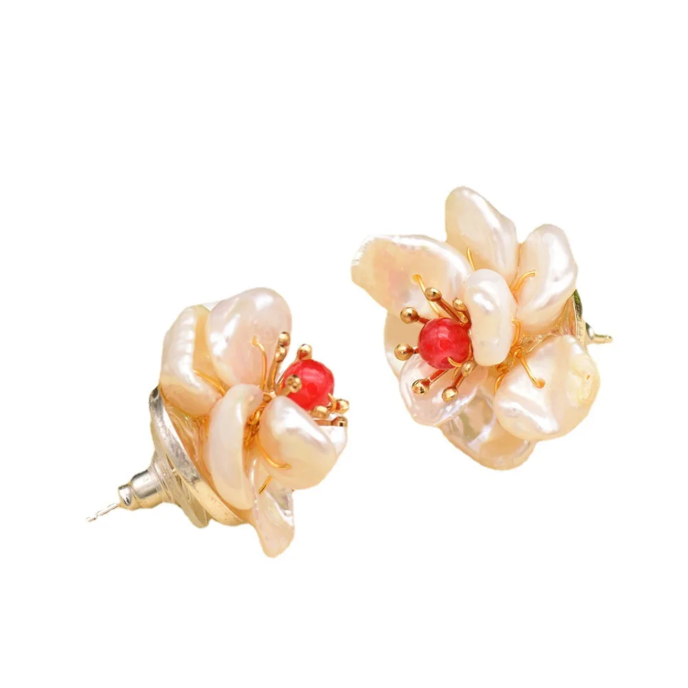 

925 silver natural baroque pearl earrings retro niche design flower shaped pearl earrings