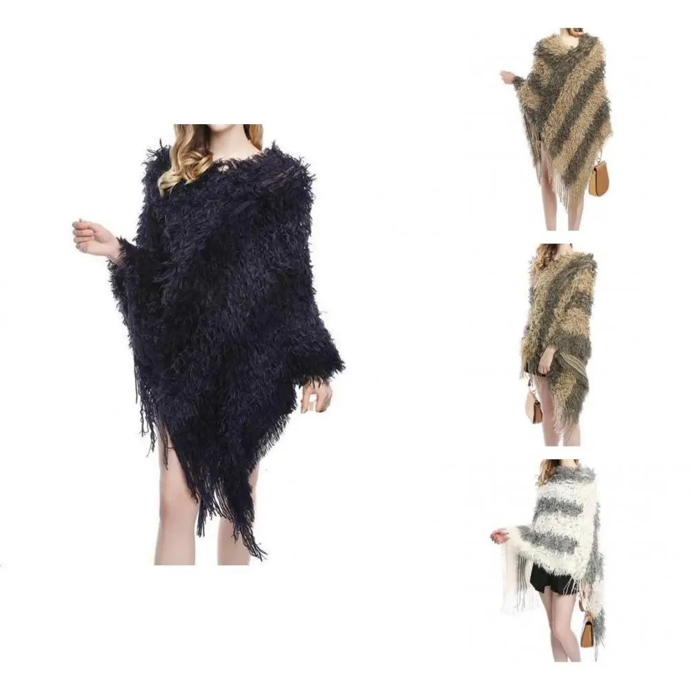 Накидка пальто с V-образным вырезом трикотажная пушистая теплая пончо