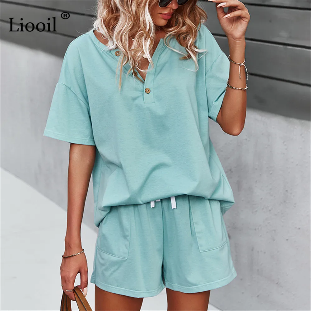 

Liooil Two Piece Set Women Tracksuit Button Up T Shirt Tops And Shorts With Pockets Short Sleeve Casual Loose Jogger Suit Sets