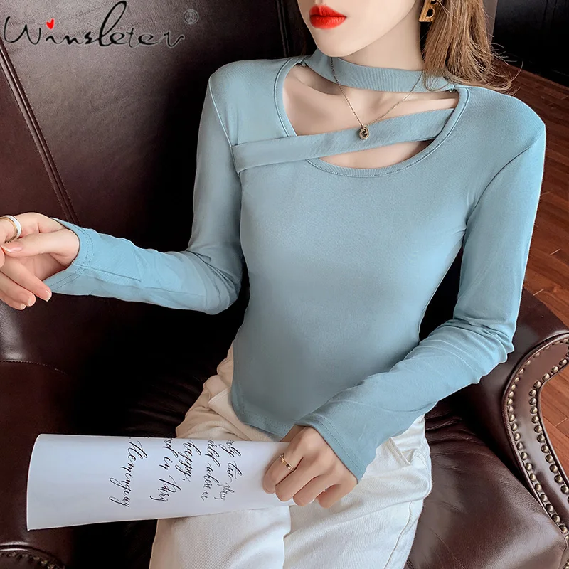 

Spring Fall Korean Style T-Shirt Irregularity Sexy Hollow Out Women Tops Bottoming Shirt Slim Cotton All Match Tees 2021 T11001A
