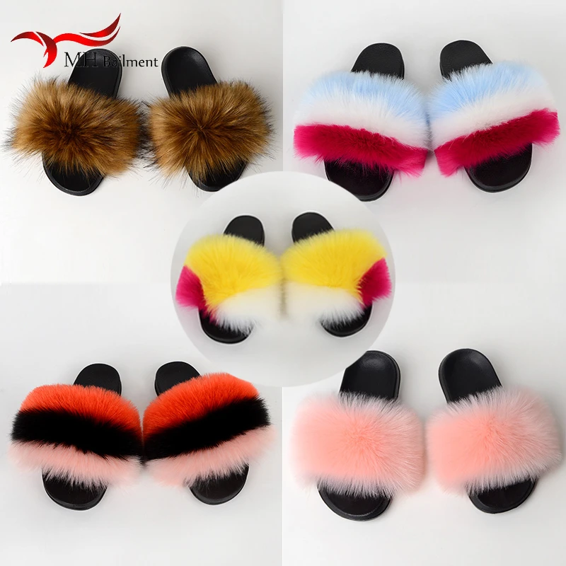 Сланцы женские из искусственного лисьего меха летние меховые шлепанцы уличные
