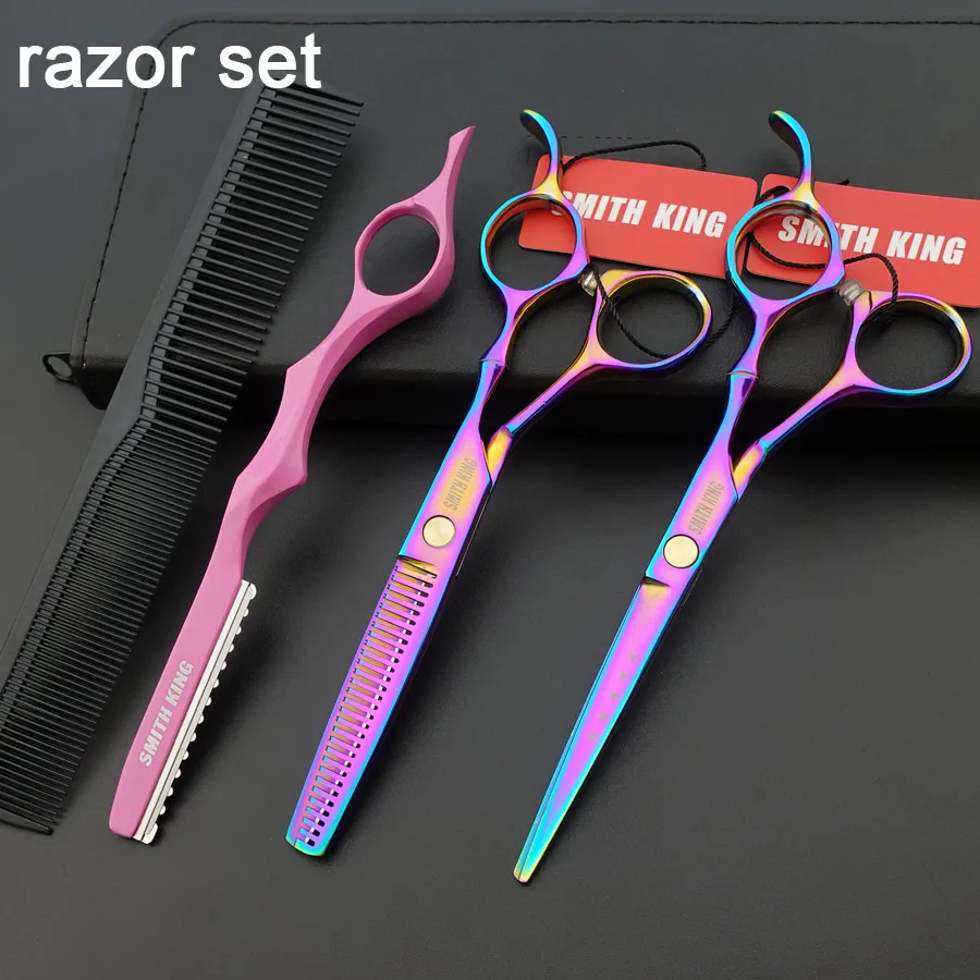 razor set SMITH KING Профессиональные парикмахерские ножницы, 6 дюймов ножницы для стрижки+ филировочные ножницы/ножницы+ бритва/Филировочная расческа+ наборы/Чехол - Цвет: razor set