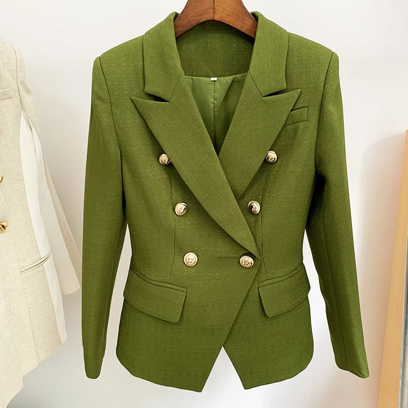 

HIGH STREET Newest 2021 Classic Designer Blazer Women's Lion Buttons Double Breasted Slim Fit Textured Blazer Army Green