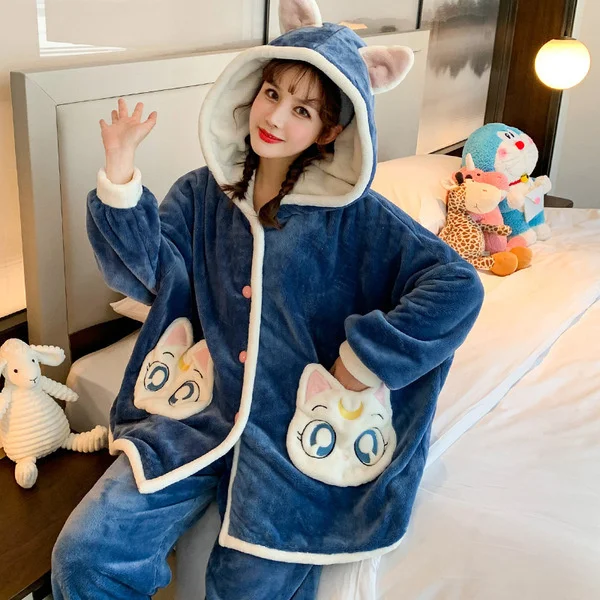 Coral Velvet Pajamas Women's Winter Thickened Plush Flannel Cute Outdoor Autumn And Home Clothes Set Spring