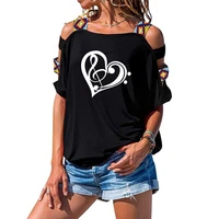2019 funny women t shirt heart shaped music print t shirt short sleeve summer women sexy hollow out shoulder tee