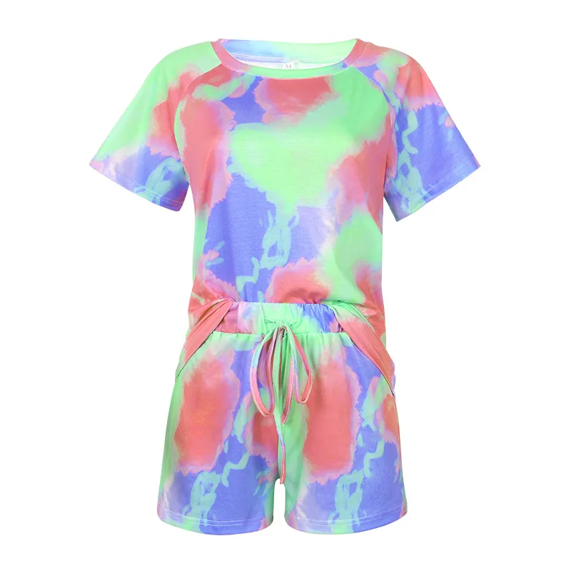 

Lady Tie-Dye Print Short-Sleeve O-Neck Fashion Casual Home Suit Women For Summer 2021 New Splice Lacing Shorts Streetwear Suits